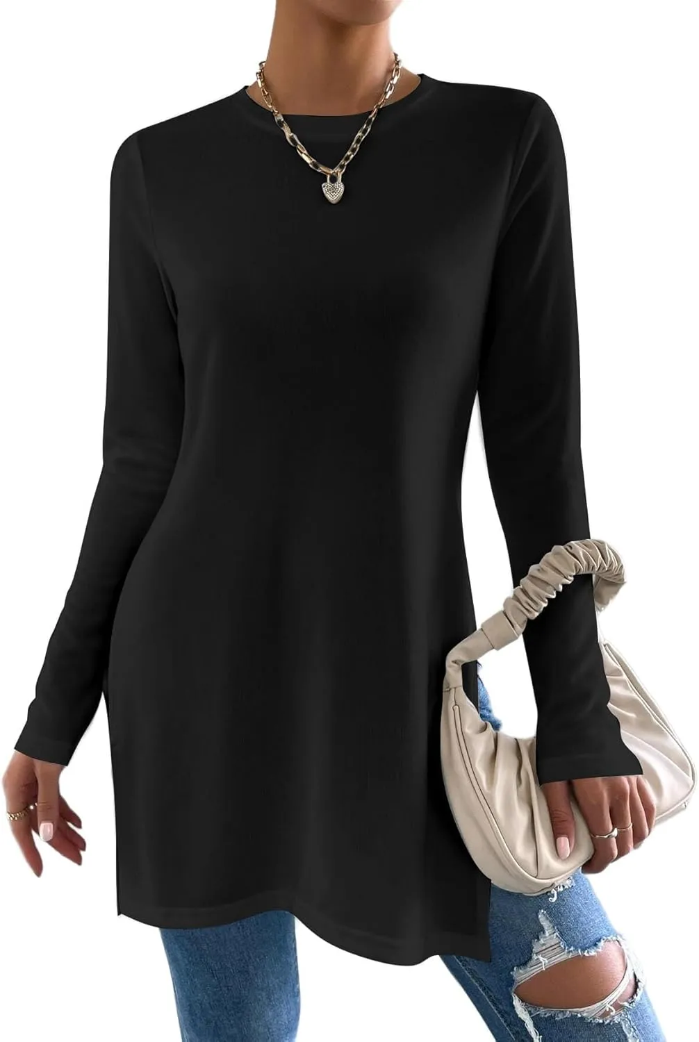 Remidoo Womens Side Slit Long Sleeve T Shirt Crew Neck Solid Casual Tops