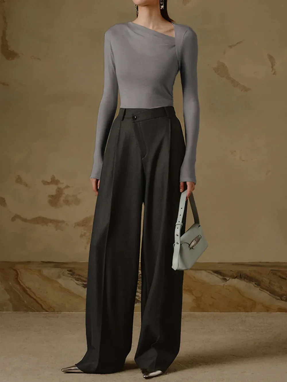 Ribbed Knit Long Sleeve Asymmetric Top