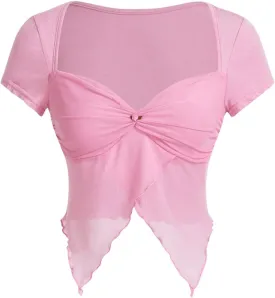 SOLY HUX Women's Summer Asymmetrical Hem Mesh Crop Tops Sweetheart Neck Cap Sleeve Slim Fit T Shirt