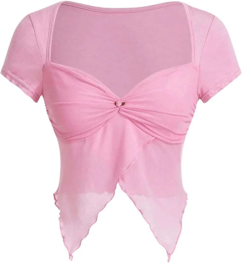 SOLY HUX Women's Summer Asymmetrical Hem Mesh Crop Tops Sweetheart Neck Cap Sleeve Slim Fit T Shirt