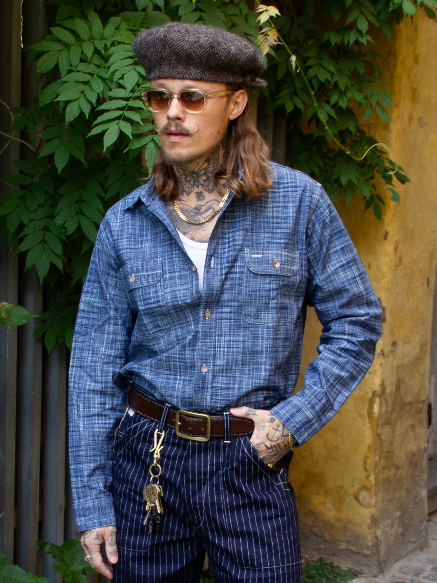 Optimized title: Blue Indigo Kasuri Work Shirt made from Sugar Cane - SC29264