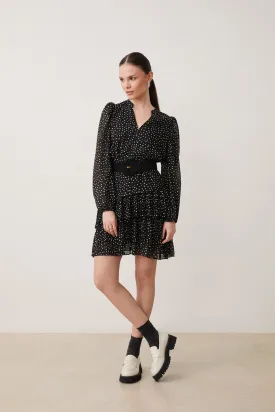 Suncoo Caliste Black/White Polka Dot Print Tiered Mini Dress