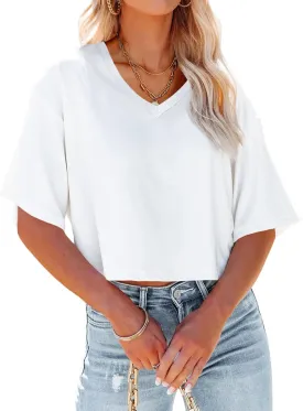 Tankaneo Womens V Neck Cropped T Shirts Casual Summer Crop Tops Half Sleeve Solid Color Crop Baisc Tees