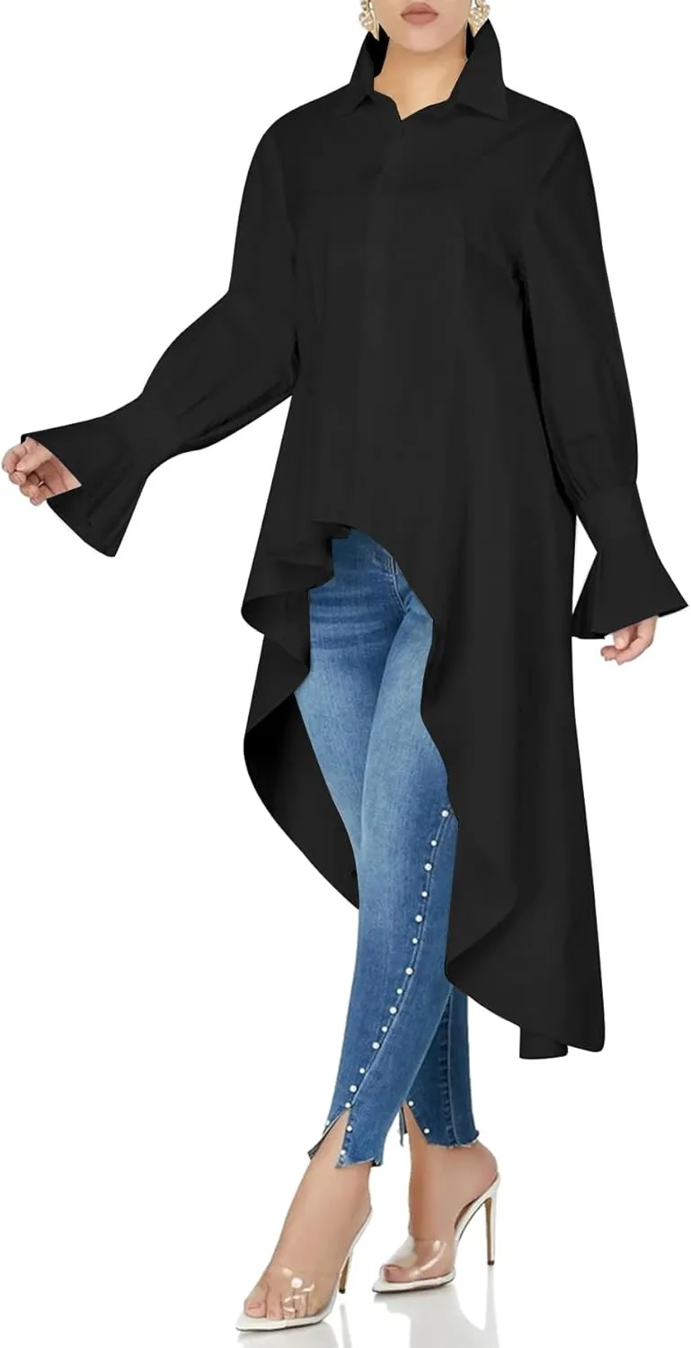 Umenlele Womens Button Down Long Sleeve Asymmetric Ruffle High Low Hem Blouse Shirt Top
