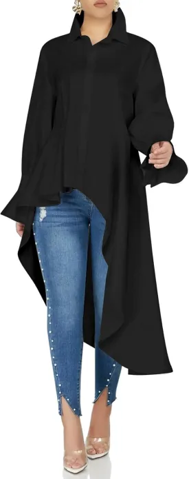 Umenlele Womens Button Down Long Sleeve Asymmetric Ruffle High Low Hem Blouse Shirt Top