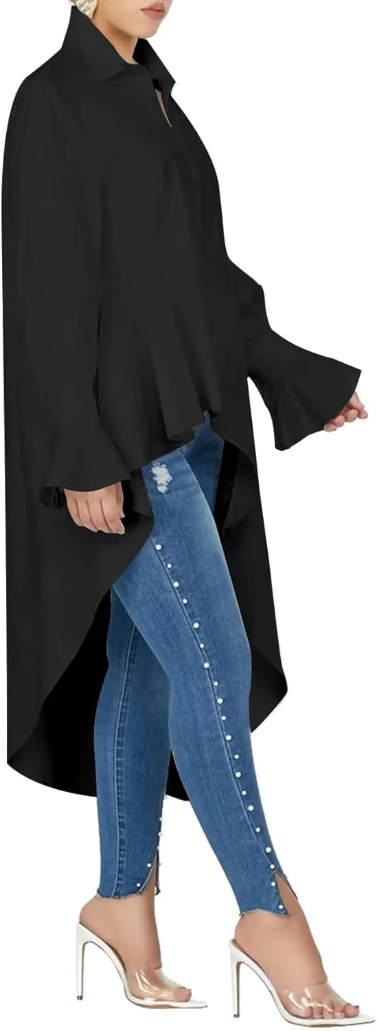 Umenlele Womens Button Down Long Sleeve Asymmetric Ruffle High Low Hem Blouse Shirt Top