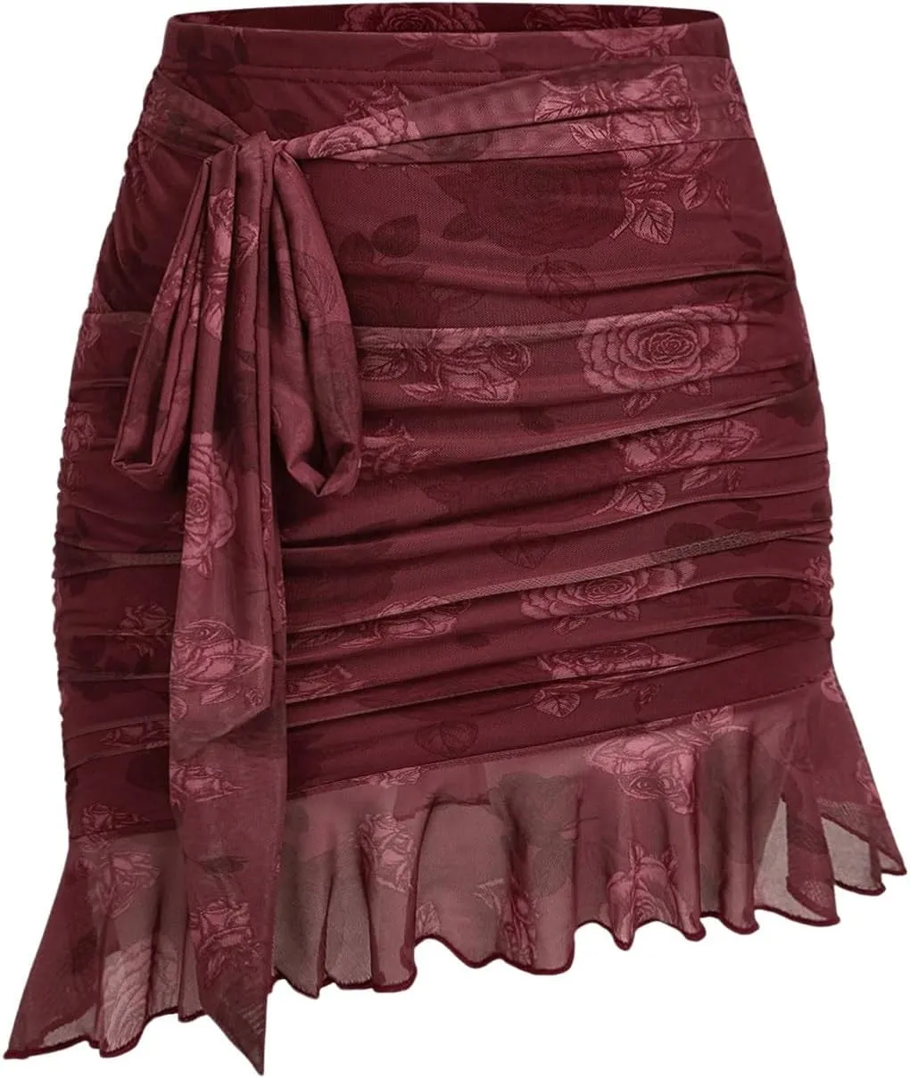 Verdusa Women's Floral Print Ruffle Hem Midi Skirt Asymmetrical Hem Ruched Mesh Bodycon Skirts
