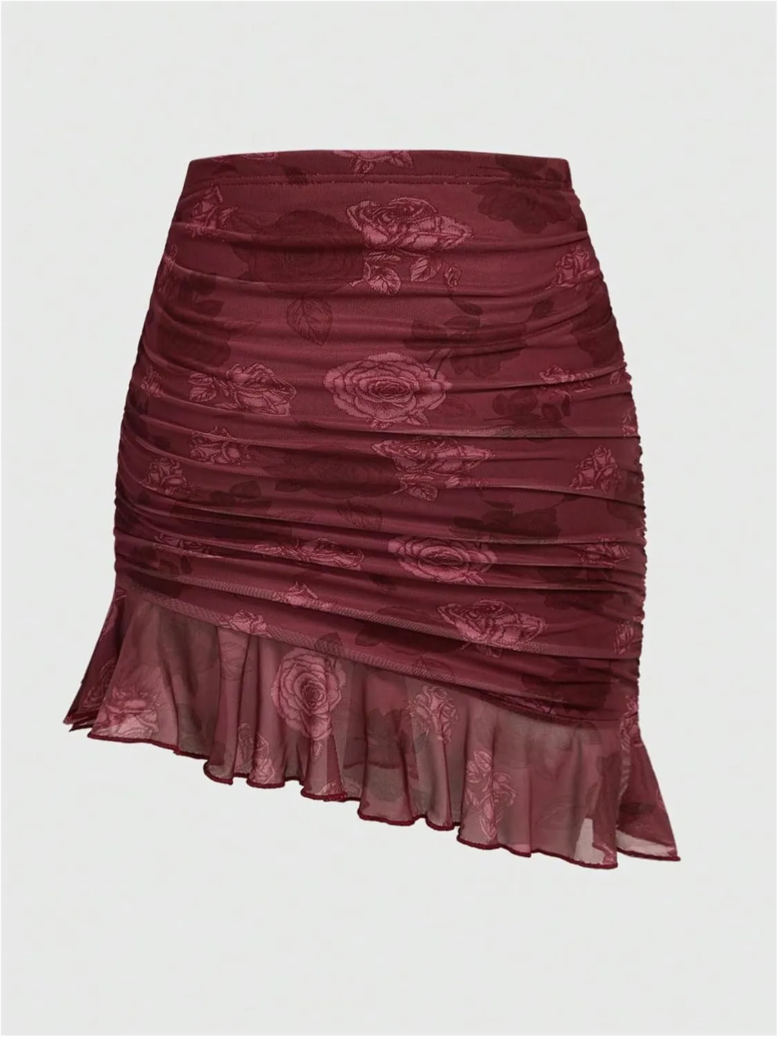 Verdusa Women's Floral Print Ruffle Hem Midi Skirt Asymmetrical Hem Ruched Mesh Bodycon Skirts