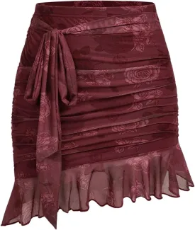 Verdusa Women's Floral Print Ruffle Hem Midi Skirt Asymmetrical Hem Ruched Mesh Bodycon Skirts