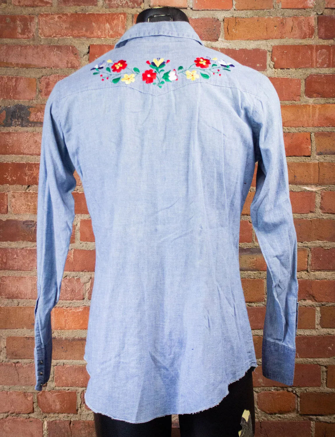 Vintage Dee Cee Floral Embroidered Denim Pearl Snap Shirt 70s Large