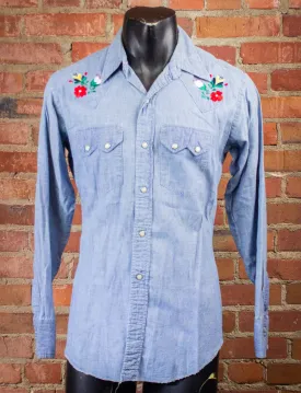 Vintage Dee Cee Floral Embroidered Denim Pearl Snap Shirt 70s Large