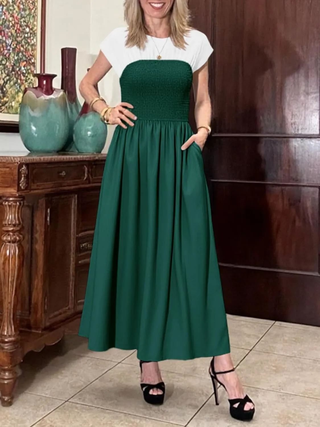 Wenrine Womens Casual Summer Midi Dress Smocked Cap Sleeve Crew Neck Color Block A Line Flowy Beach Dresses