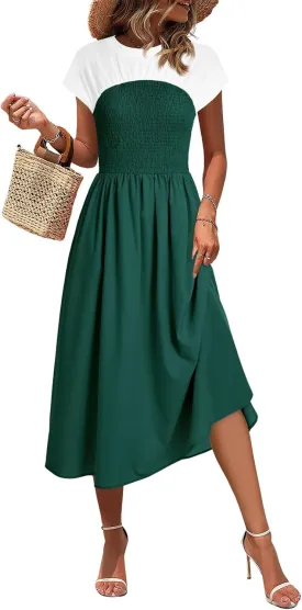 Wenrine Womens Casual Summer Midi Dress Smocked Cap Sleeve Crew Neck Color Block A Line Flowy Beach Dresses