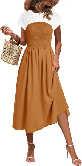 Wenrine Womens Casual Summer Midi Dress Smocked Cap Sleeve Crew Neck Color Block A Line Flowy Beach Dresses