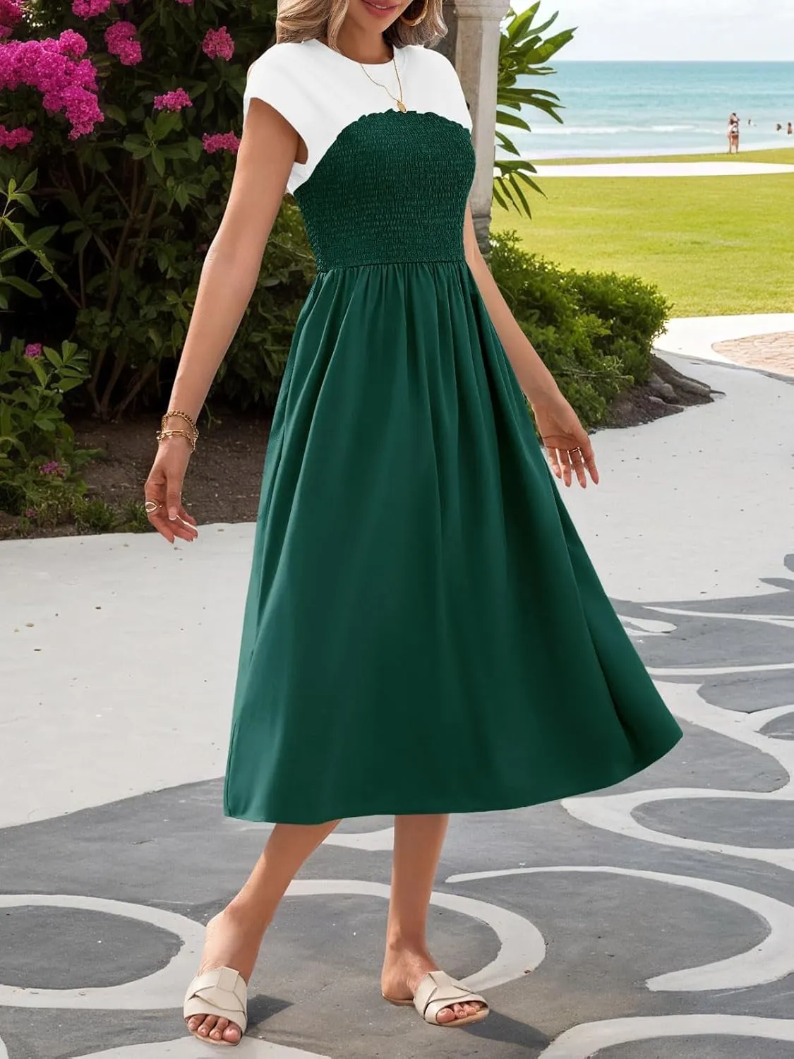 Wenrine Womens Casual Summer Midi Dress Smocked Cap Sleeve Crew Neck Color Block A Line Flowy Beach Dresses