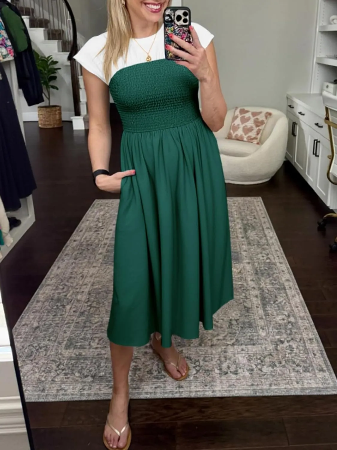 Wenrine Womens Casual Summer Midi Dress Smocked Cap Sleeve Crew Neck Color Block A Line Flowy Beach Dresses