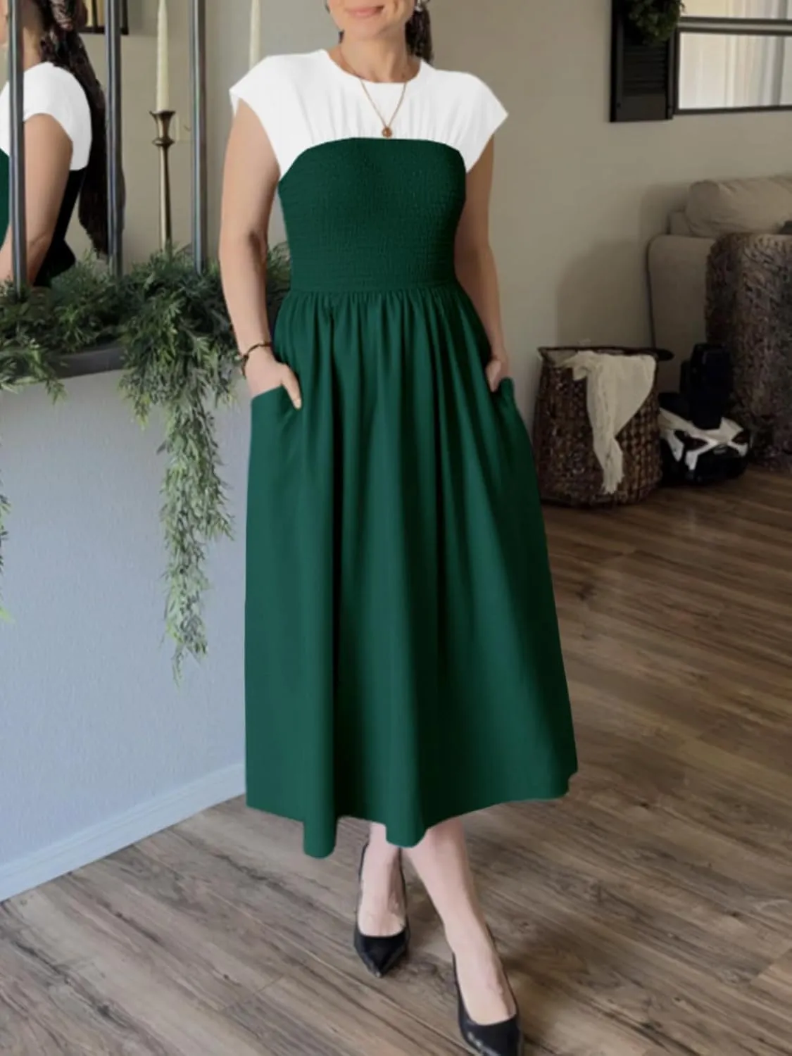 Wenrine Womens Casual Summer Midi Dress Smocked Cap Sleeve Crew Neck Color Block A Line Flowy Beach Dresses