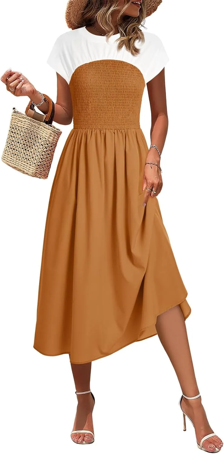 Wenrine Womens Casual Summer Midi Dress Smocked Cap Sleeve Crew Neck Color Block A Line Flowy Beach Dresses