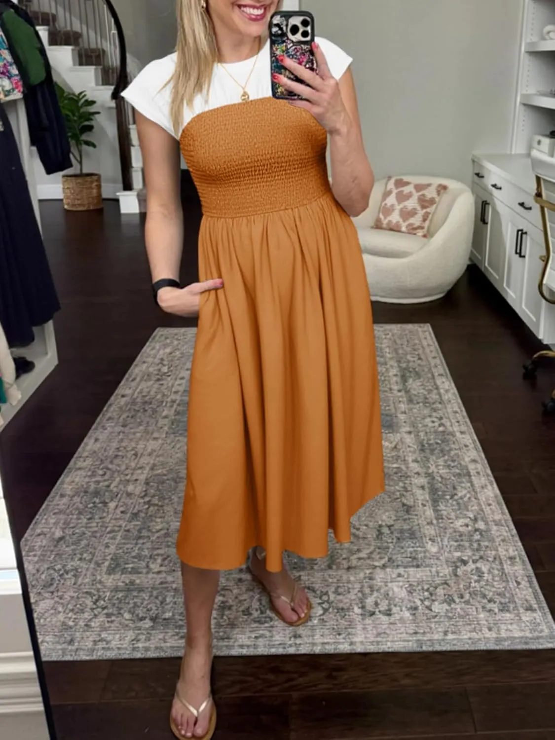 Wenrine Womens Casual Summer Midi Dress Smocked Cap Sleeve Crew Neck Color Block A Line Flowy Beach Dresses