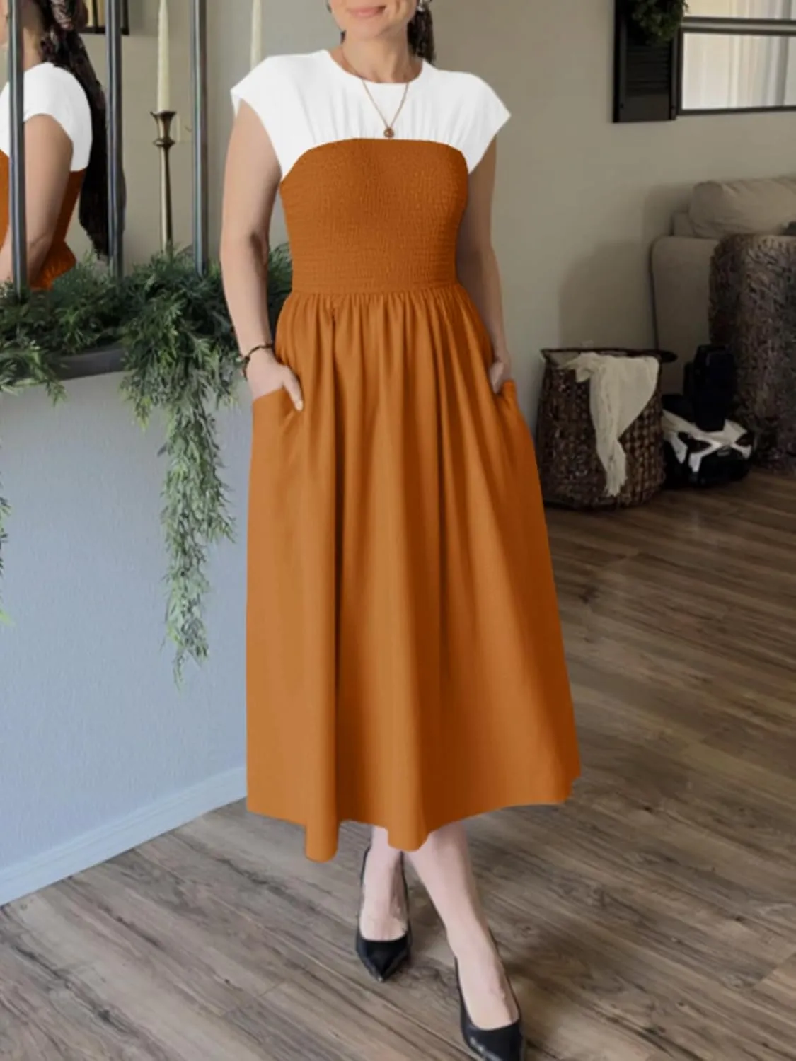 Wenrine Womens Casual Summer Midi Dress Smocked Cap Sleeve Crew Neck Color Block A Line Flowy Beach Dresses