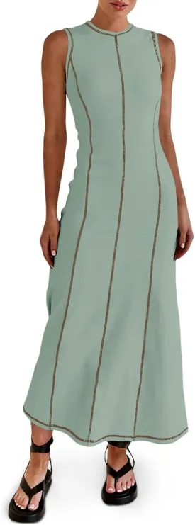 Wenrine Womens Sleeveless T Shirt Dress Summer Contrast Stitch Ribbed Knit Tank Maxi Dresses