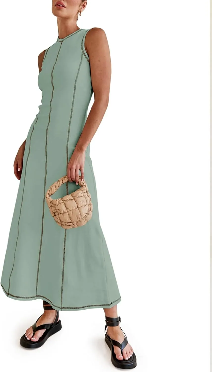 Wenrine Womens Sleeveless T Shirt Dress Summer Contrast Stitch Ribbed Knit Tank Maxi Dresses