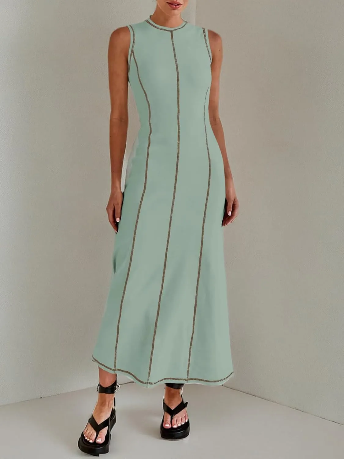 Wenrine Womens Sleeveless T Shirt Dress Summer Contrast Stitch Ribbed Knit Tank Maxi Dresses