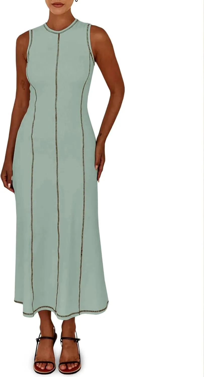 Wenrine Womens Sleeveless T Shirt Dress Summer Contrast Stitch Ribbed Knit Tank Maxi Dresses