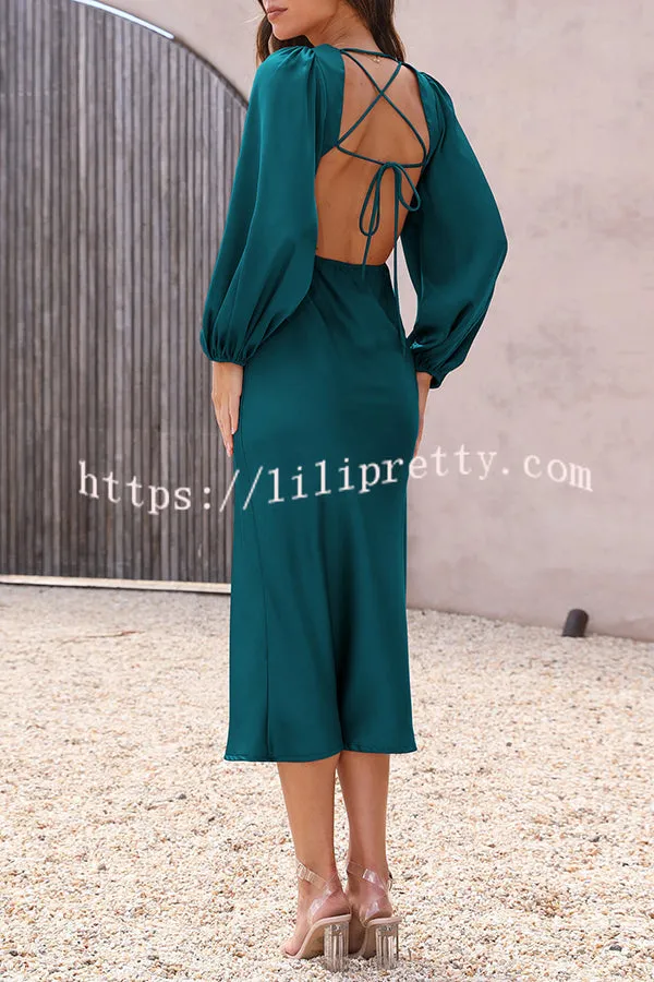 What A Wonder Satin Cutout Open Back Tie Up Back Midi Dress
