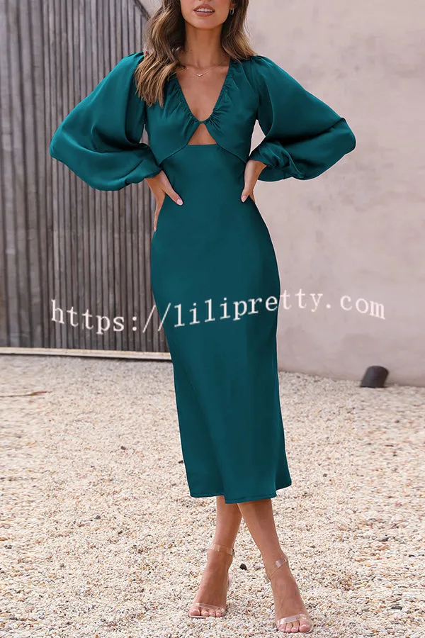 What A Wonder Satin Cutout Open Back Tie Up Back Midi Dress