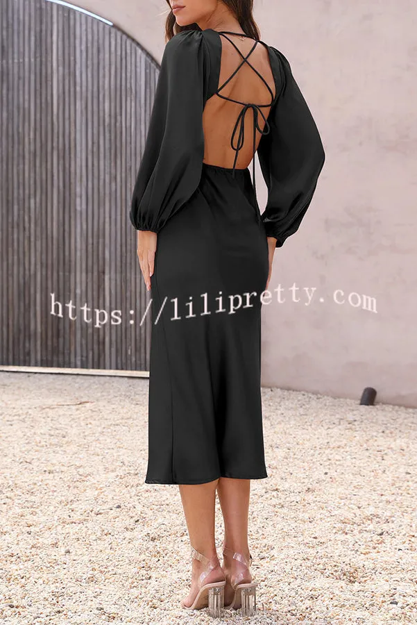 What A Wonder Satin Cutout Open Back Tie Up Back Midi Dress