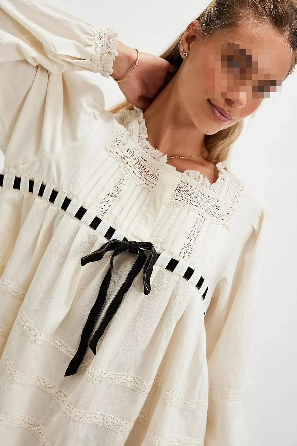 Women Bow Tie Mini Babydoll Dress Spring Cute Embroidery Floral T-Shirt Dress Y2k Long Sleeve Short Flowy Sundress