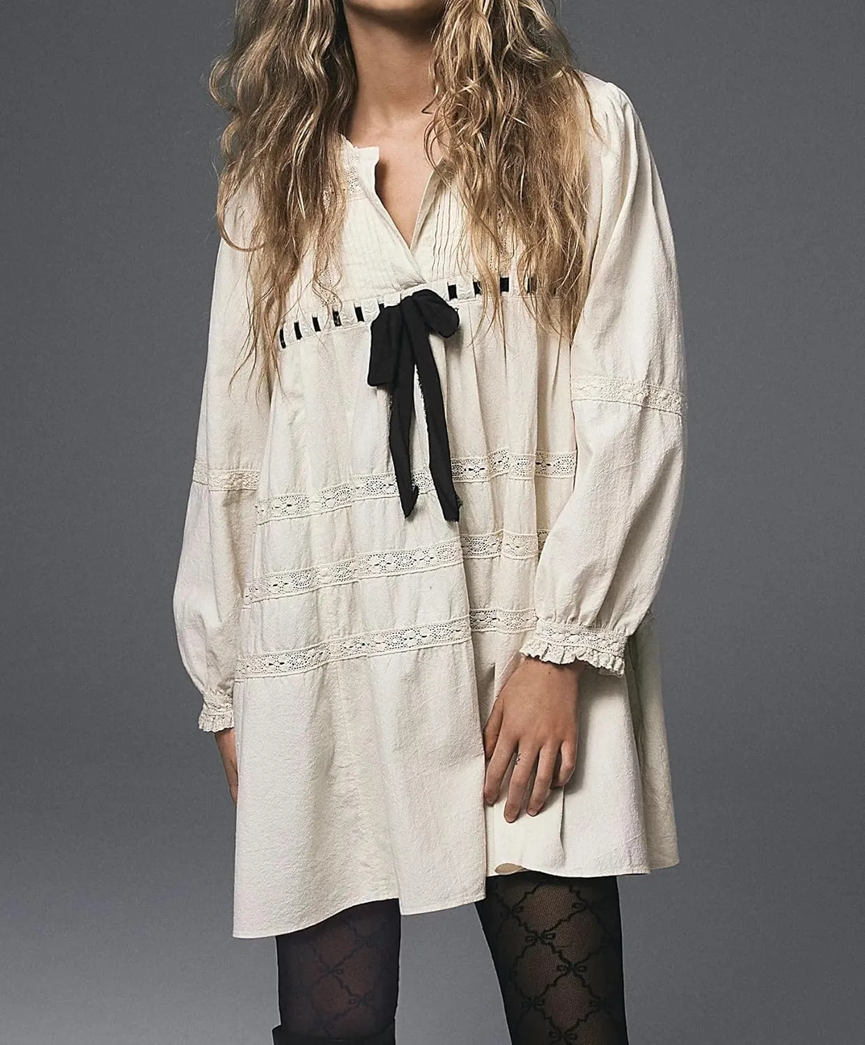 Women Bow Tie Mini Babydoll Dress Spring Cute Embroidery Floral T-Shirt Dress Y2k Long Sleeve Short Flowy Sundress