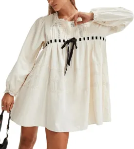 Women Bow Tie Mini Babydoll Dress Spring Cute Embroidery Floral T-Shirt Dress Y2k Long Sleeve Short Flowy Sundress