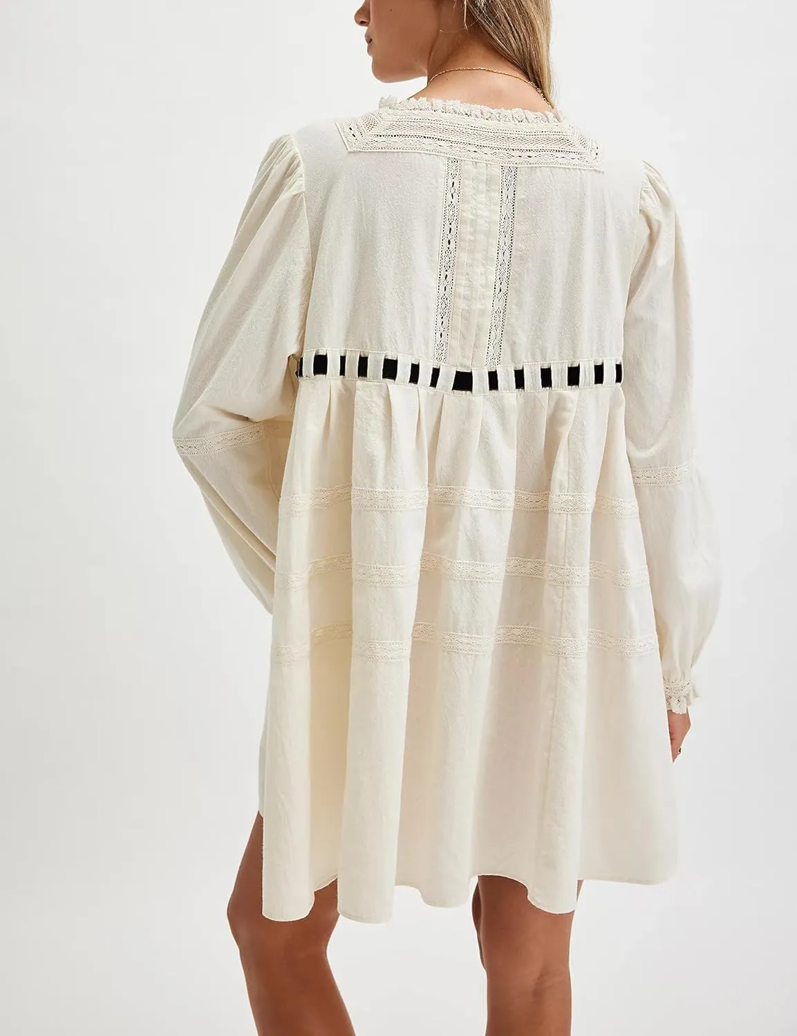 Women Bow Tie Mini Babydoll Dress Spring Cute Embroidery Floral T-Shirt Dress Y2k Long Sleeve Short Flowy Sundress