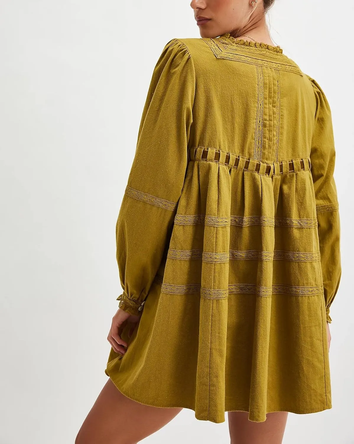 Women Bow Tie Mini Babydoll Dress Spring Cute Embroidery Floral T-Shirt Dress Y2k Long Sleeve Short Flowy Sundress