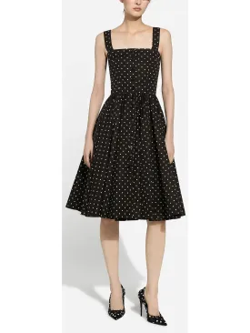 Women’s Black and White Calf-Length Cotton Poplin Dress with Polka-Dot Print