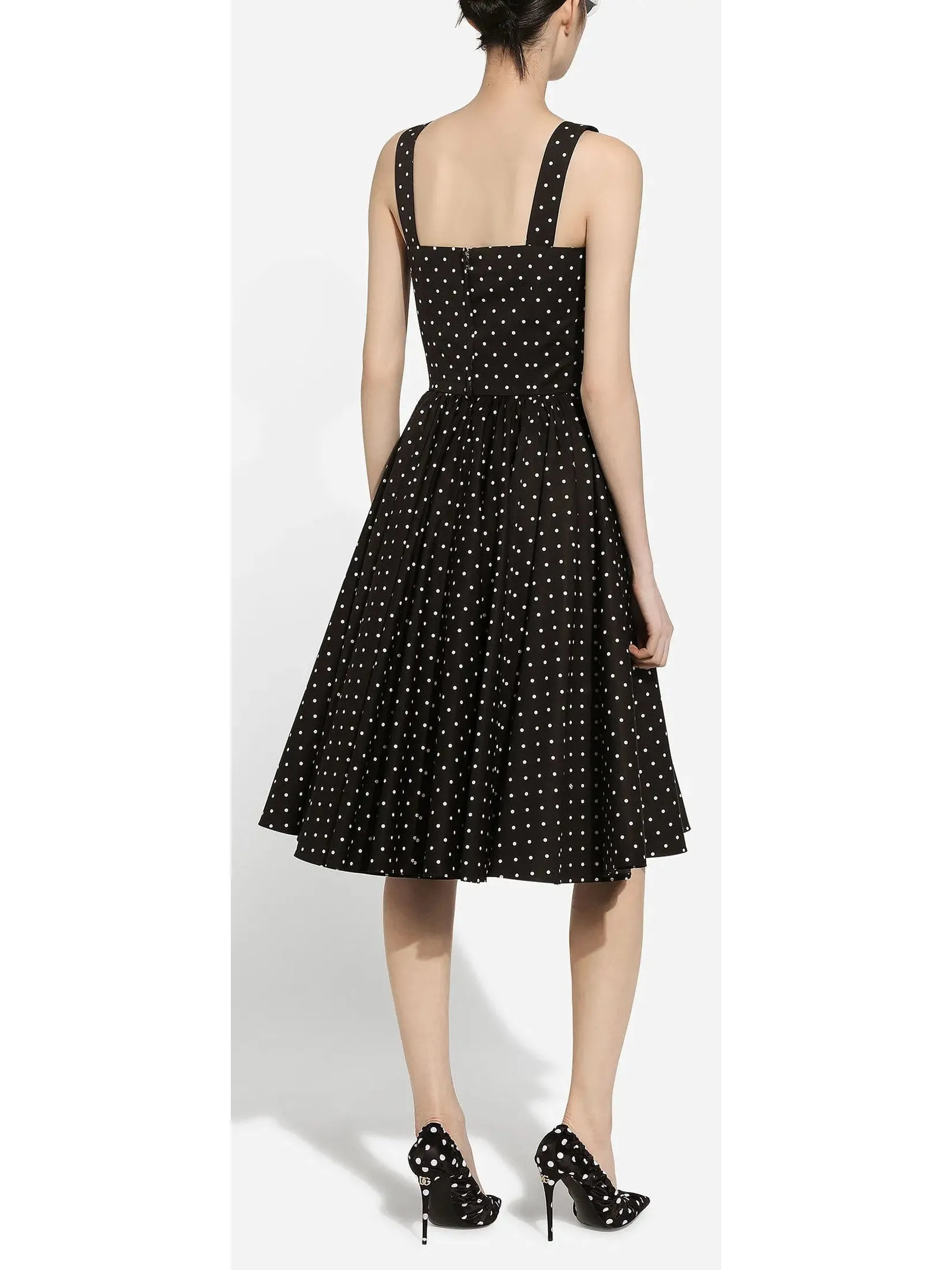 Women’s Black and White Calf-Length Cotton Poplin Dress with Polka-Dot Print