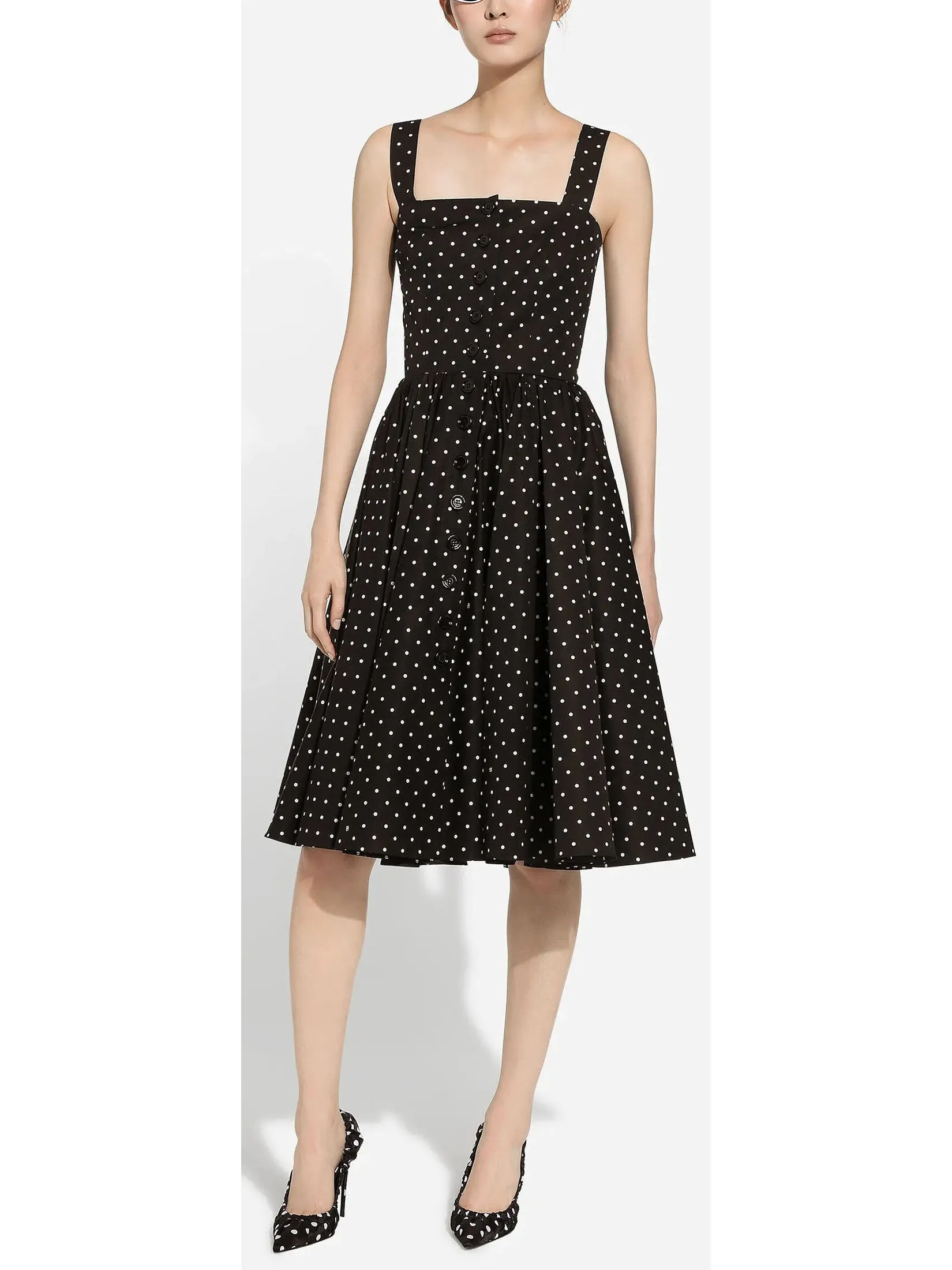 Women’s Black and White Calf-Length Cotton Poplin Dress with Polka-Dot Print
