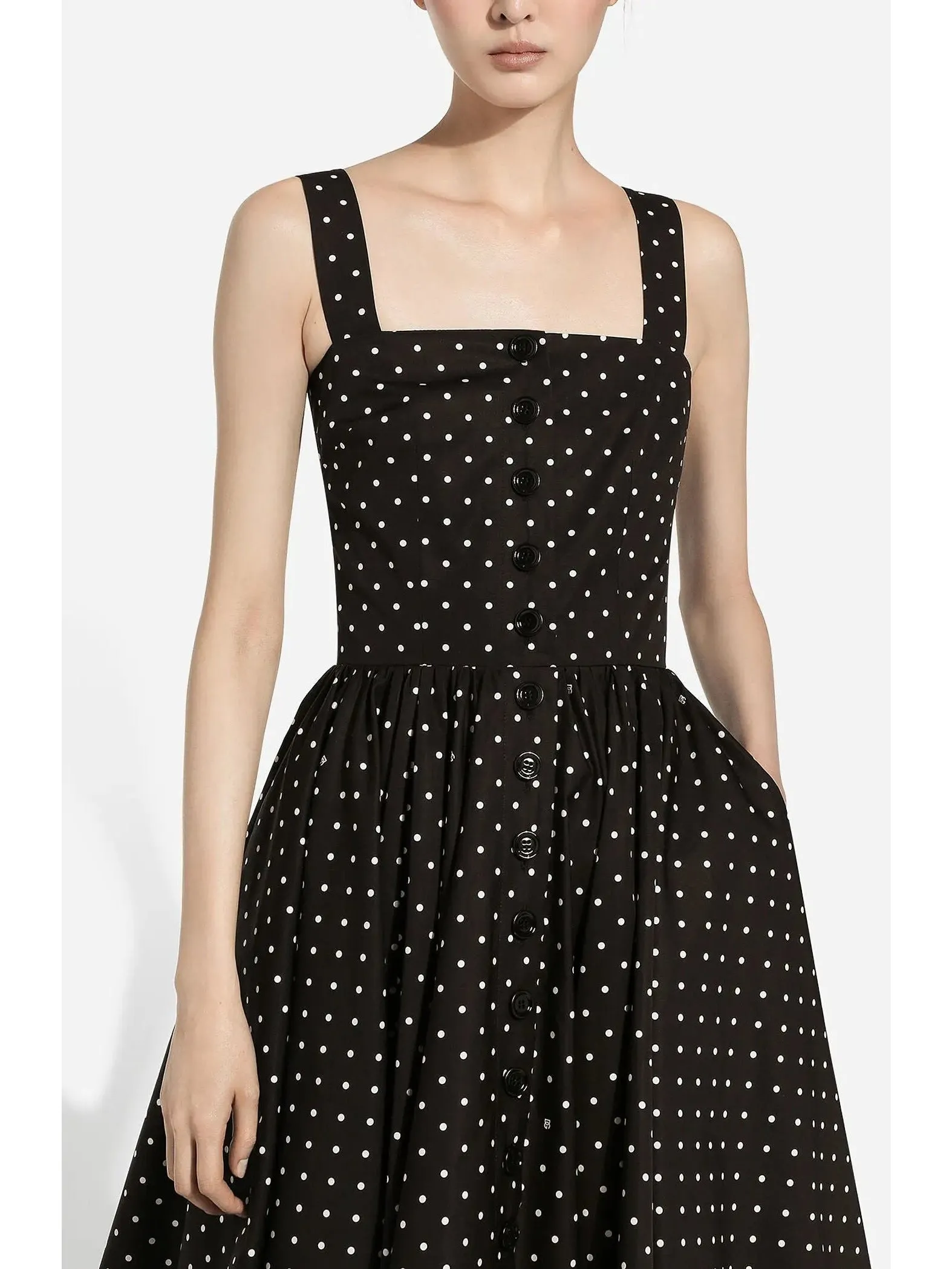 Women’s Black and White Calf-Length Cotton Poplin Dress with Polka-Dot Print