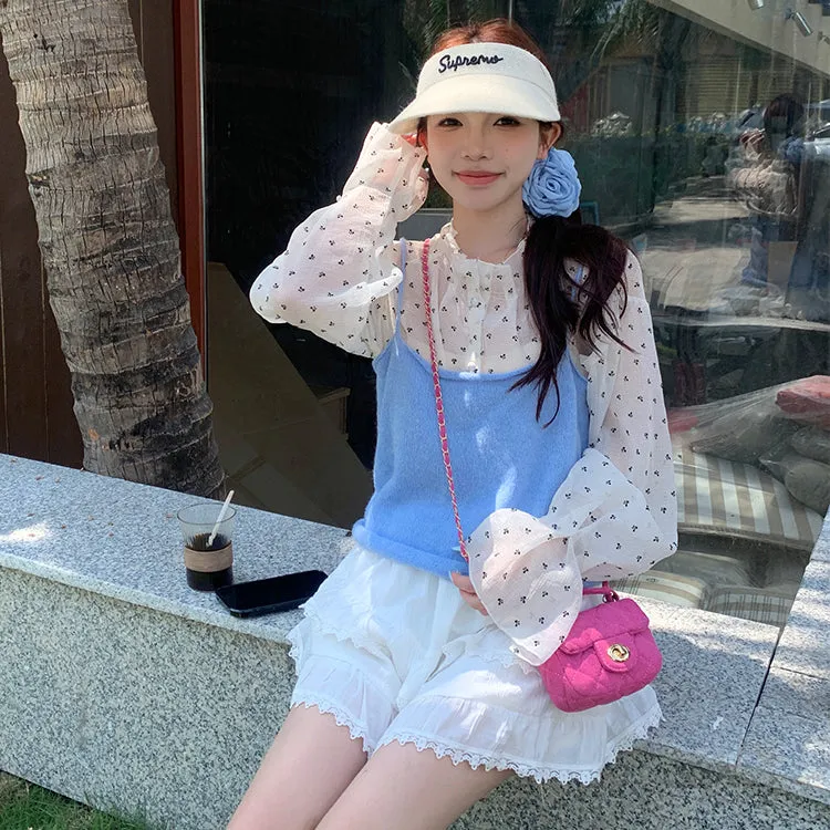 Women's Cute Polka Dot Mesh Shirt with Knitted Tank Top