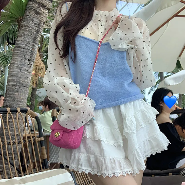 Women's Cute Polka Dot Mesh Shirt with Knitted Tank Top