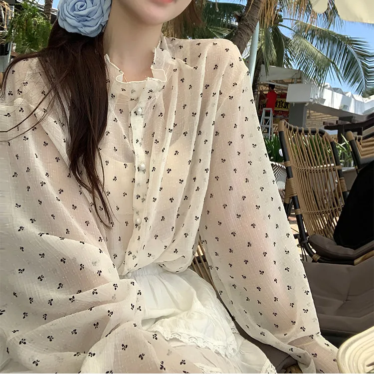 Women's Cute Polka Dot Mesh Shirt with Knitted Tank Top
