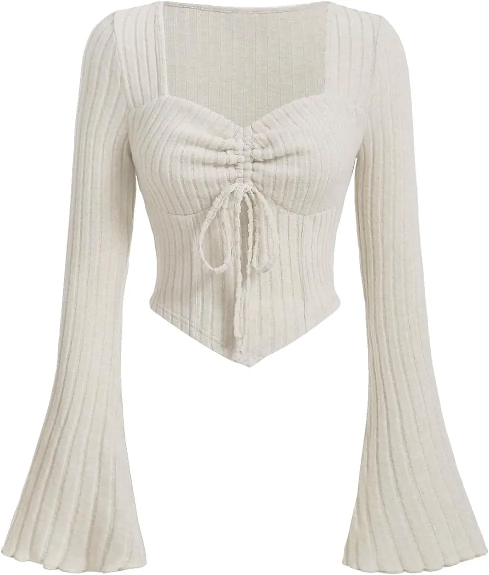 Womens Long Bell Sleeve Blouses Casual Square Neck Crop Top Solid Color Elastic Hem Ruched Striped T-Shirt