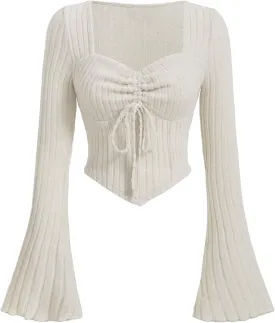 Womens Long Bell Sleeve Blouses Casual Square Neck Crop Top Solid Color Elastic Hem Ruched Striped T-Shirt