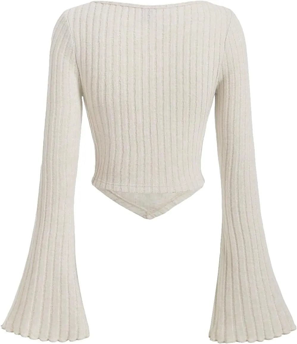 Womens Long Bell Sleeve Blouses Casual Square Neck Crop Top Solid Color Elastic Hem Ruched Striped T-Shirt