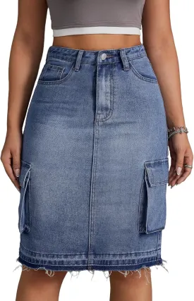 Women's Mid Rise Cargo Denim Mini Skirt A-Line Denim Shirt with Pockets