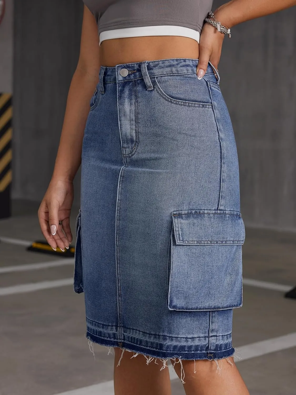 Women's Mid Rise Cargo Denim Mini Skirt A-Line Denim Shirt with Pockets
