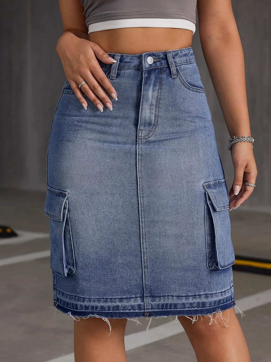 Women's Mid Rise Cargo Denim Mini Skirt A-Line Denim Shirt with Pockets
