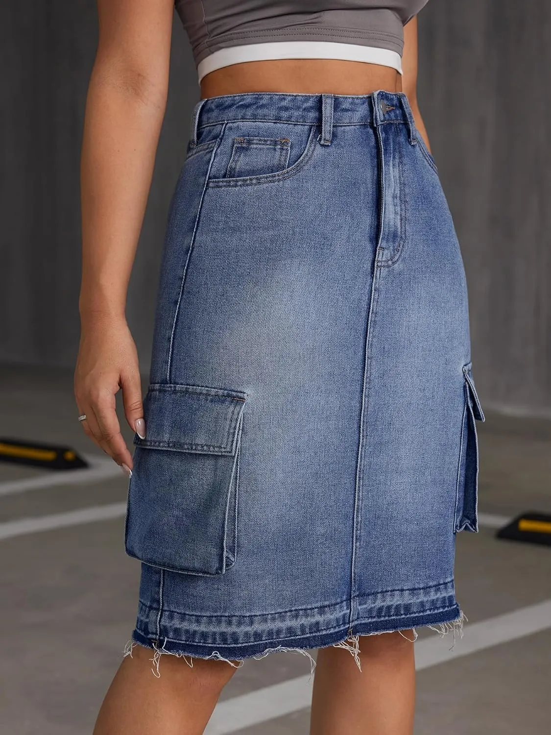 Women's Mid Rise Cargo Denim Mini Skirt A-Line Denim Shirt with Pockets